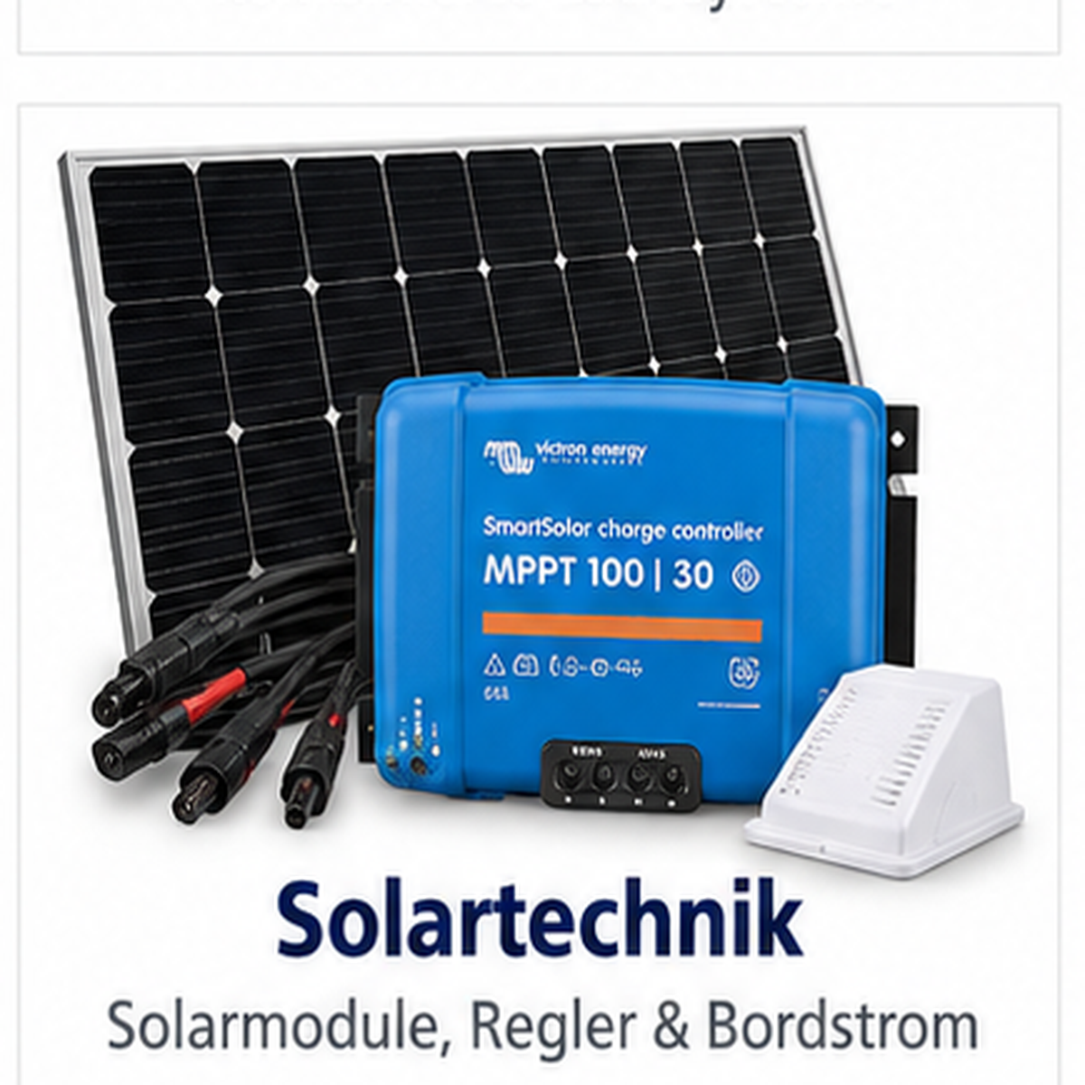 Solartechnik Set mit Solarmodul, blauem Victron Energy MPPT Laderegler und Verkabelung