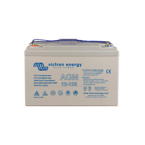 Victron Energy AGM Super Cycle Batterie 12V 125Ah im hellgrauen Gehäuse mit blauen Aufdrucken.