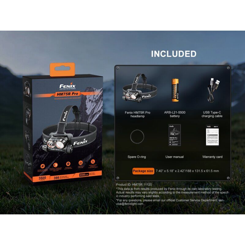 Die Fenix HM75R Pro Magnesium Multi-Led Stirnlampe samt Verpackung und komplettem Lieferumfang im Überblick.