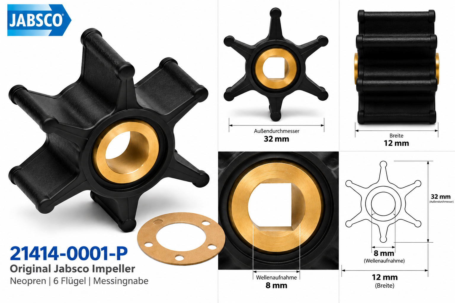 Jabsco Impeller-Kit Neopren/Ms 32mm mit Maßzeichnung und technischen Details