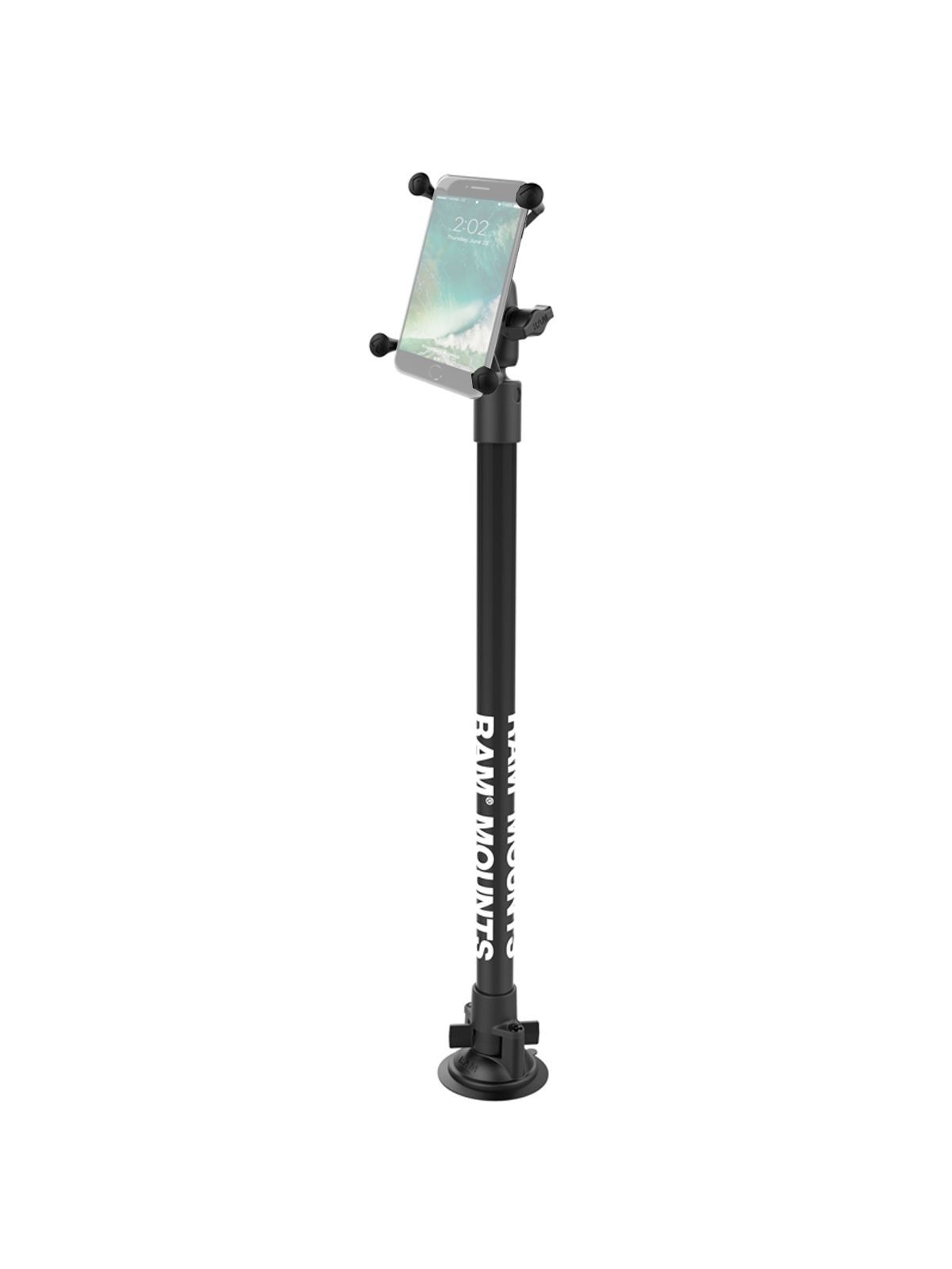 RAM Mounts Stand-Saugfuss mit Universal X-Grip Klammer für große Smartphones (Phablets) - Saugfuss, Kunststoffrohr (ca. 450 mm), kurzer Verbindungsarm