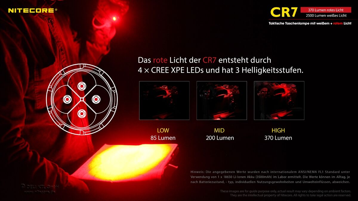 Nitecore Chameleon CR7 - 2500 Lumen Weißlicht, 370 Lumen rotes Licht