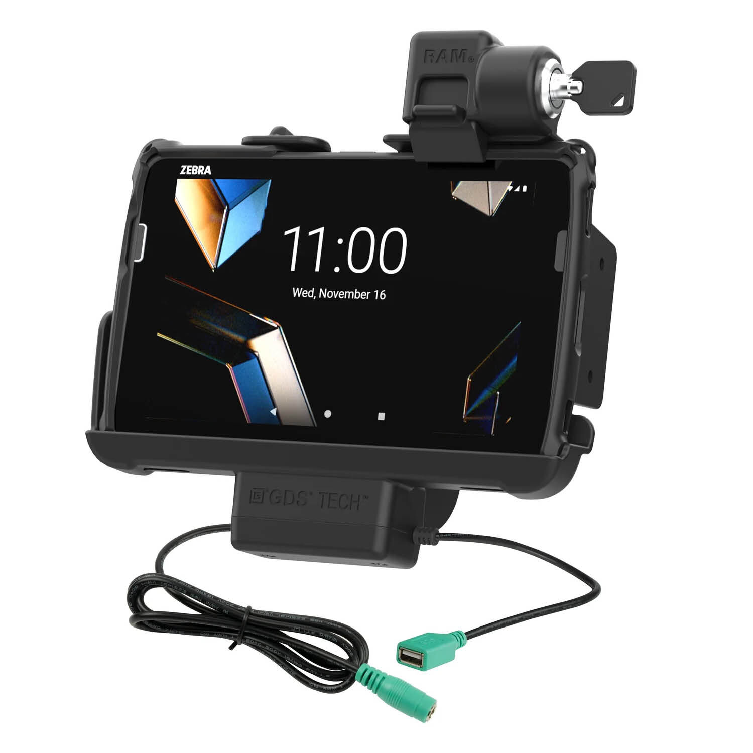 RAM Mounts Form-Fit Halteschale (Schlüsselverriegelung) für Zebra ET40 & ET45 (8“) Tablets - Mit Rugged Boot - 5.5mm DC & USB-A-Anschluss