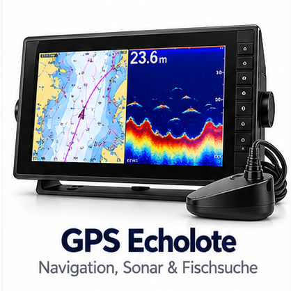Schwarzes GPS-Echolot mit Bildschirm und angeschlossenem Geber, geteilte Anzeige für Karte und Sonar