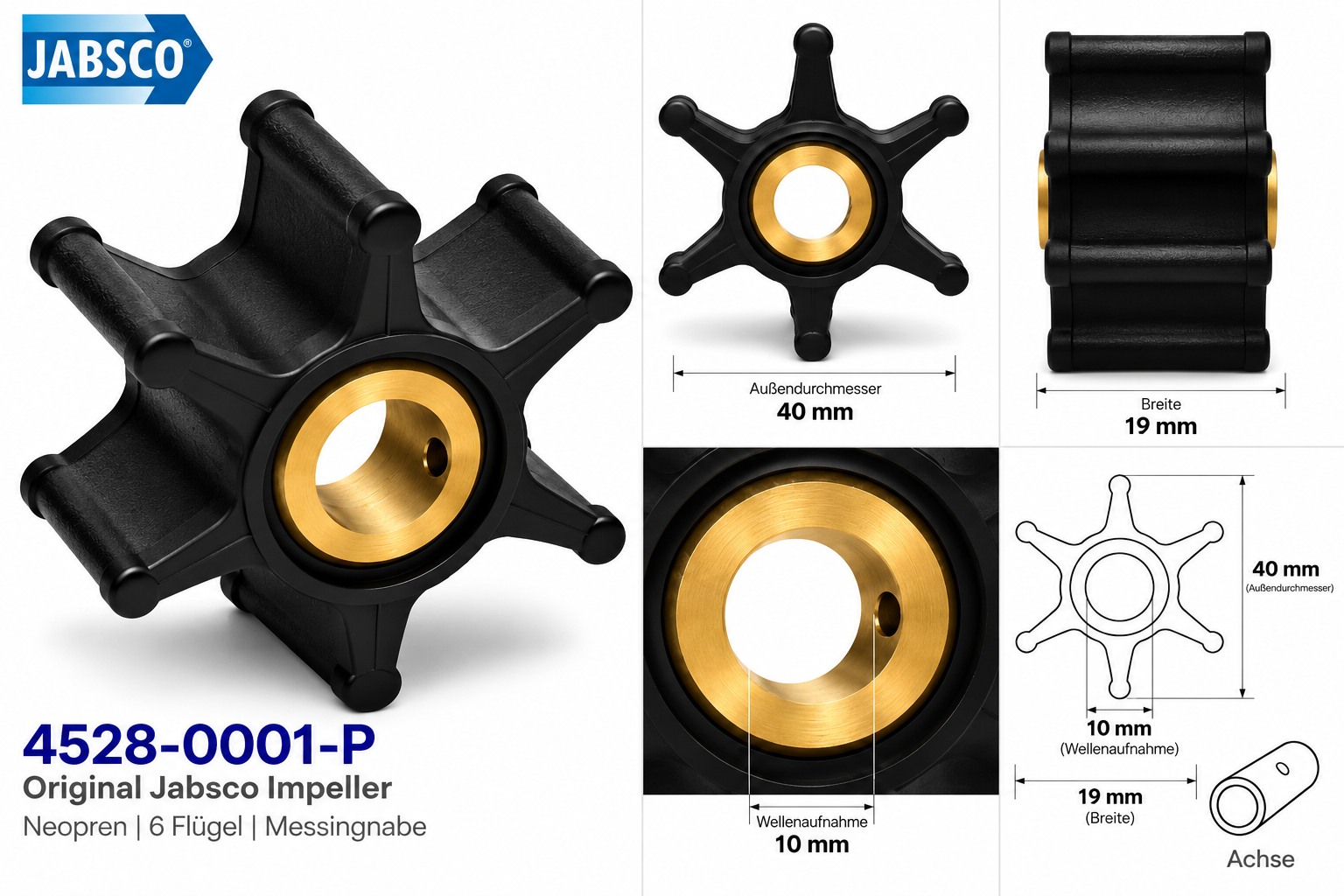 Jabsco Impeller-Kit Neopren/Ms 40mm in einer technischen Zeichnung mit Maßen.