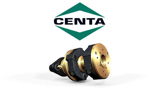 Das Centa Logo über einer technischen Kupplung mit Metallflanschen auf weißem Hintergrund.