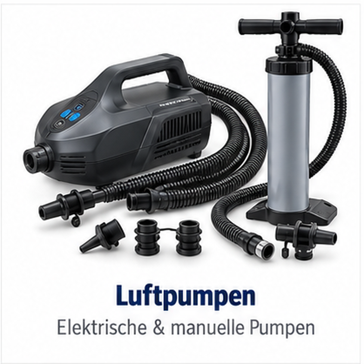 Elektrische Luftpumpe und manuelle Standpumpe mit Schläuchen und verschiedenen Aufsätzen auf weißem Grund.