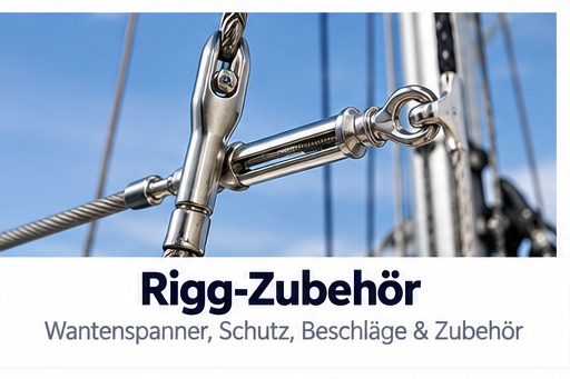 Edelstahl Wantenspanner und Rigg Zubehoer an einem Segelboot Rigging vor blauem Himmel