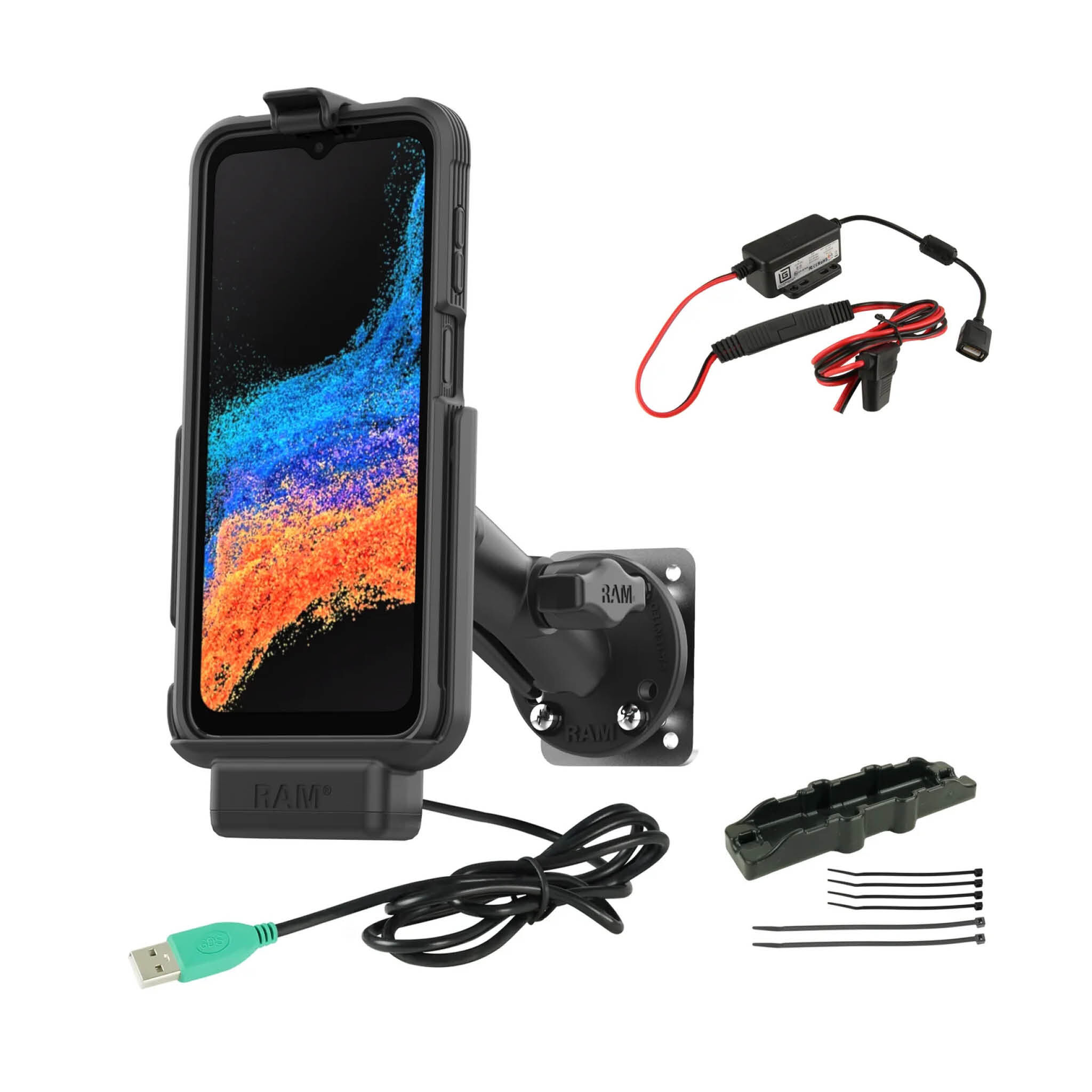 RAM Mounts EZ-Roll'r Fahrzeughalterungs-Set für Samsung Galaxy XCover7 Pro & 6 Pro (Inkl. RAM SKIN) - B-Kugel (1 Zoll) - Aufbau-Set mit Verstärkungsplatte - Mittleren Verbindungsarm (ca. 94,74 mm) - Hardwire-Charger - USB-A-Anschluss