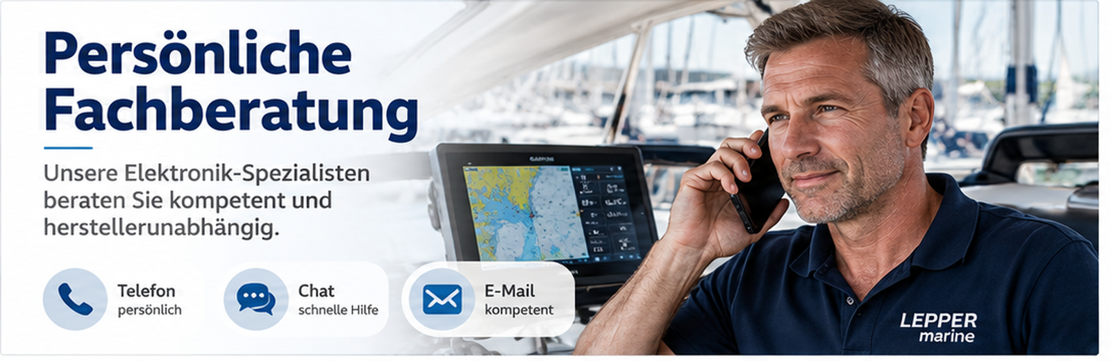 Banner zur persoenlichen Fachberatung von Lepper Marine mit Telefon, Chat und E-Mail Support.