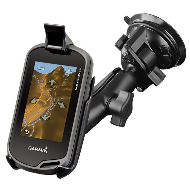 RAM Mounts Saugfuss-Halterung Garmin Oregon Serie - mittlerer Verbindungsarm, 2x Diamond-Basisplatte (Trapez), Halteschale, B-Kugel (1 Zoll)