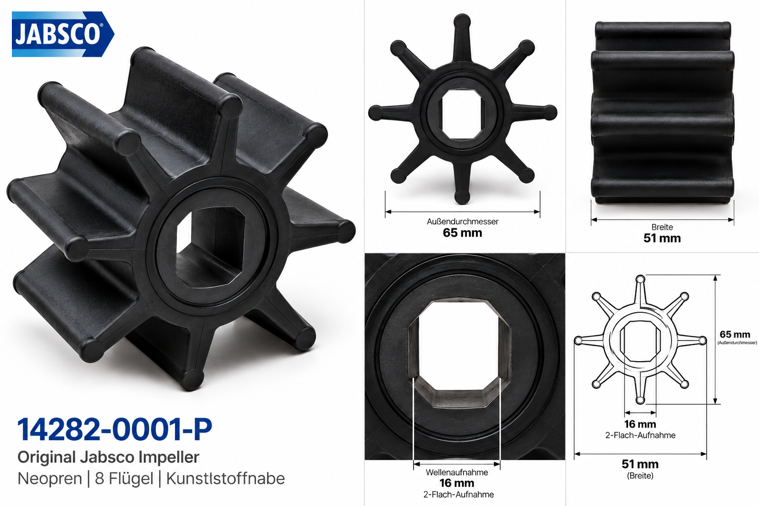 Jabsco Impeller BG080 NEO 2FL in einer technischen Maßzeichnung mit Maßen