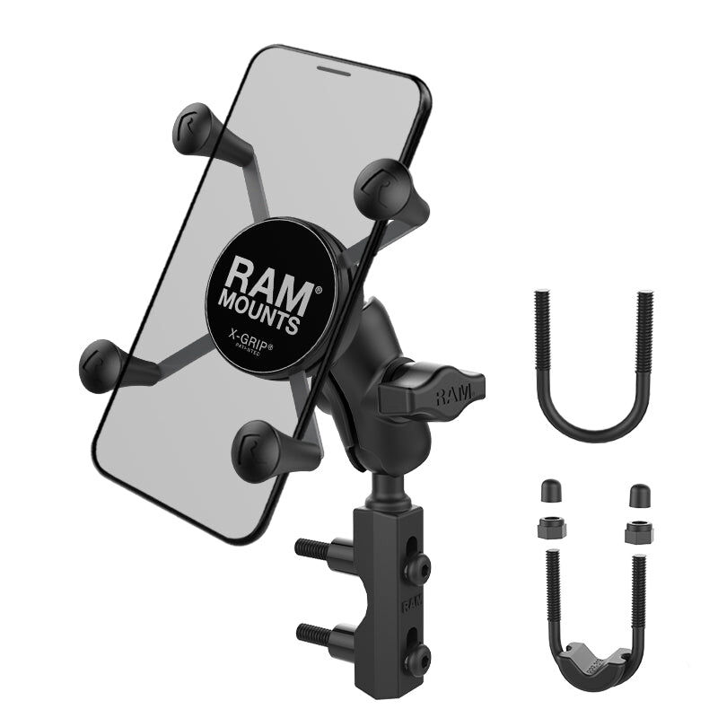 RAM Mounts X-Grip Motorrad-Halterung für Smartphones - Bis 82,55 mm Breite - Kurzer Verbindungsarm - Basisbefestigung (Lenker/Bremse/Kupplung/Rohre - 12,7 mm - 31,75 mm Durchmesser) - B-Kugel (1 Zoll) - Schrauben-Set