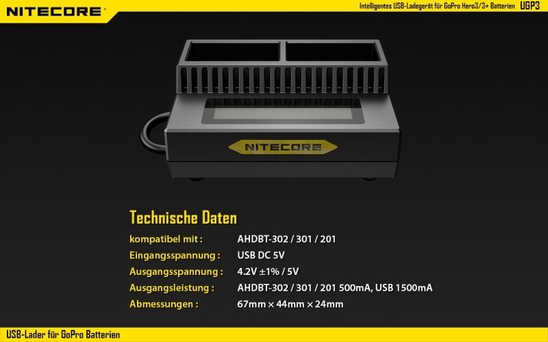 Nitecore USB-Ladegerät UGP3 für GoPro HERO3/3+ Akk