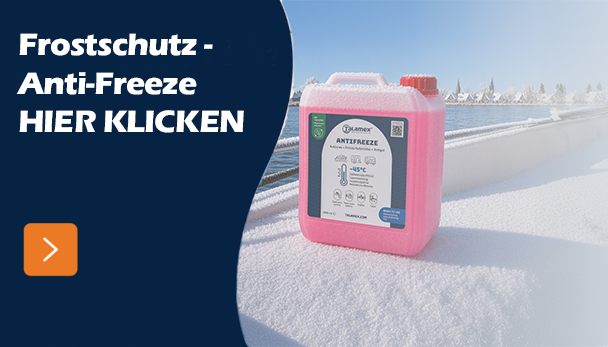 Rosa Talamex Frostschutzmittel Kanister auf einer schneebedeckten Bootsverkleidung im Winter.