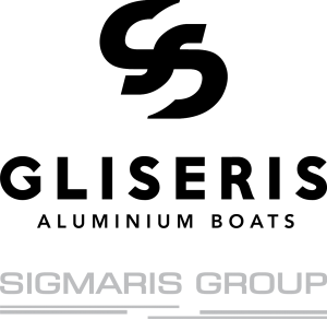 Das Logo der Marke Gliseris Aluminium Boats mit geschwungenem Emblem und Schriftzug