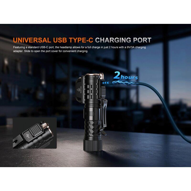 Fenix HM71R V2.0 LED Stirnlampe mit universellem USB Typ-C Ladeanschluss für schnelles Aufladen in zwei Stunden.