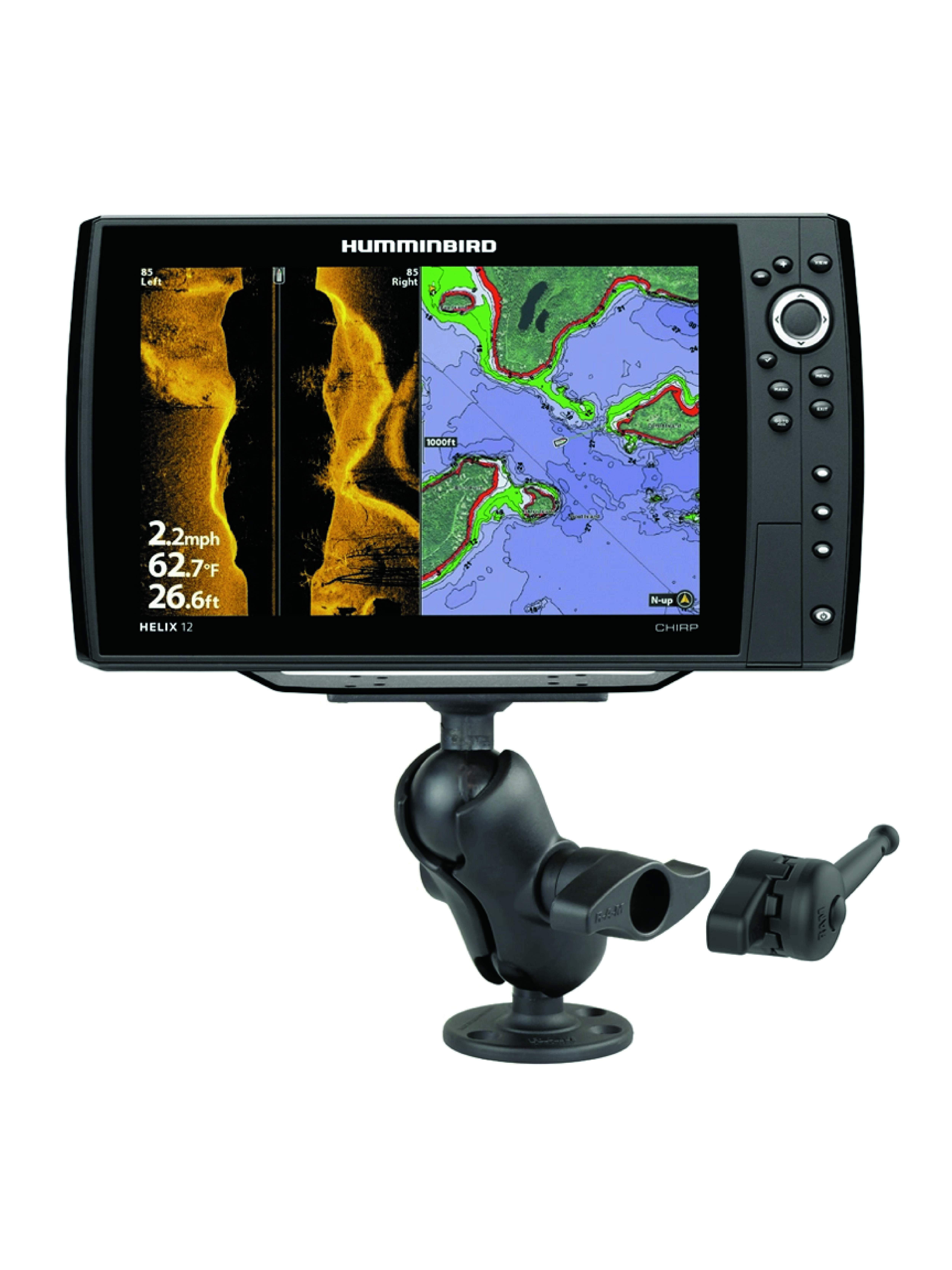 RAM Mounts Marine Aufbau-Set Humminbird Helix 8-15 / Solix / Apex - D-Kugel (2,25 Zoll), runde Basis, kurzer Verbindungsarm, Adapterplatte, Schraubhilfe