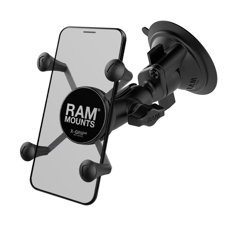 RAM Mounts X-Grip Saugfuß-Halterung für Smartphones - Bis 82,55 mm Breite - Kurzer Verbindungsarm - Saugfuß mit Trapez-Basiskugel - B-Kugel (1 Zoll) - Schrauben-Set