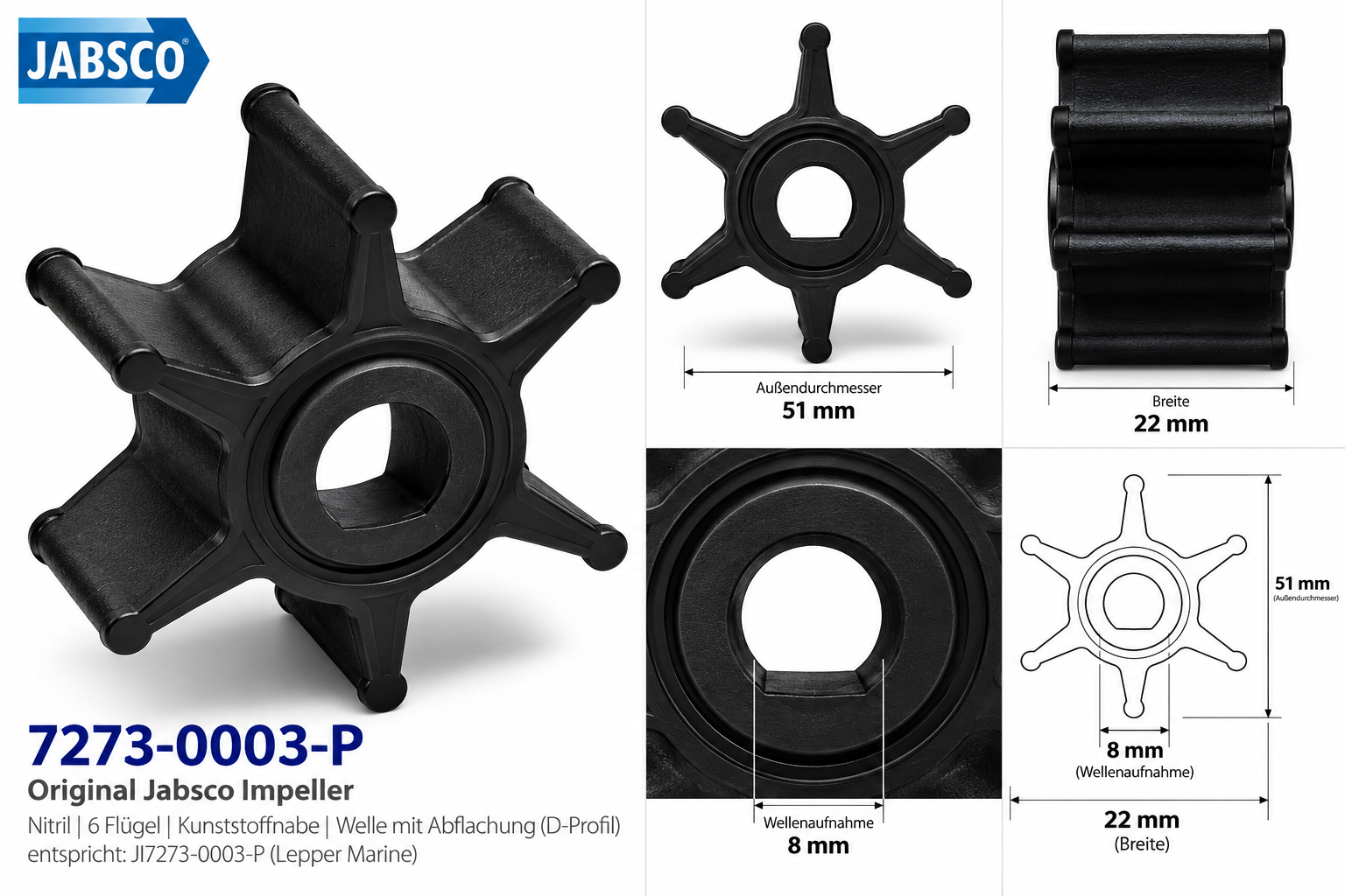 Jabsco Impeller Nitrile 6 Flügel mit Maßen in einer technischen Zeichnung