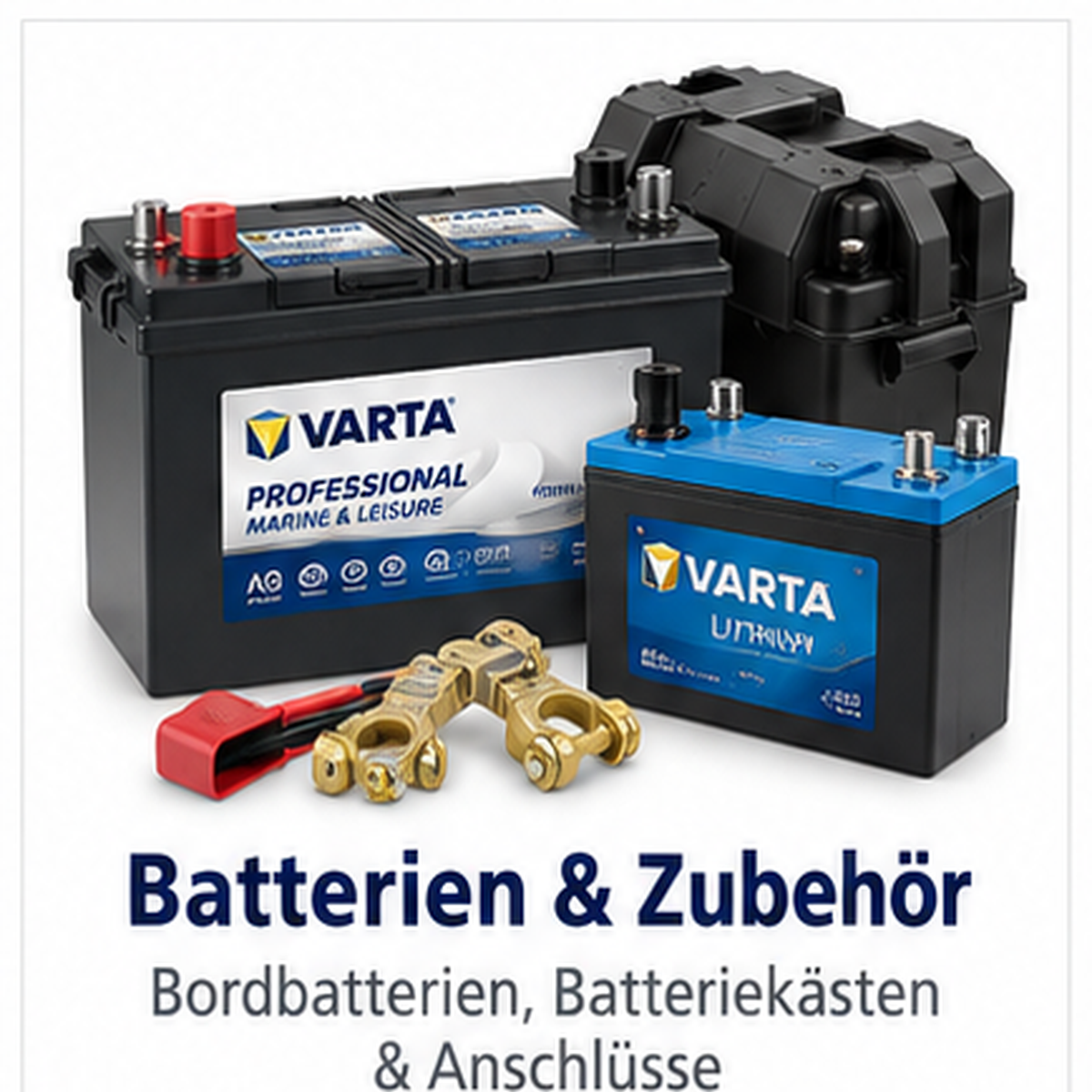 Varta Bordbatterien, passende Batteriekästen und goldfarbene Anschlüsse im Set präsentiert