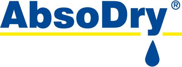 Das blaue Markenlogo von AbsoDry mit einer gelben Unterstreichung und Wassertropfen