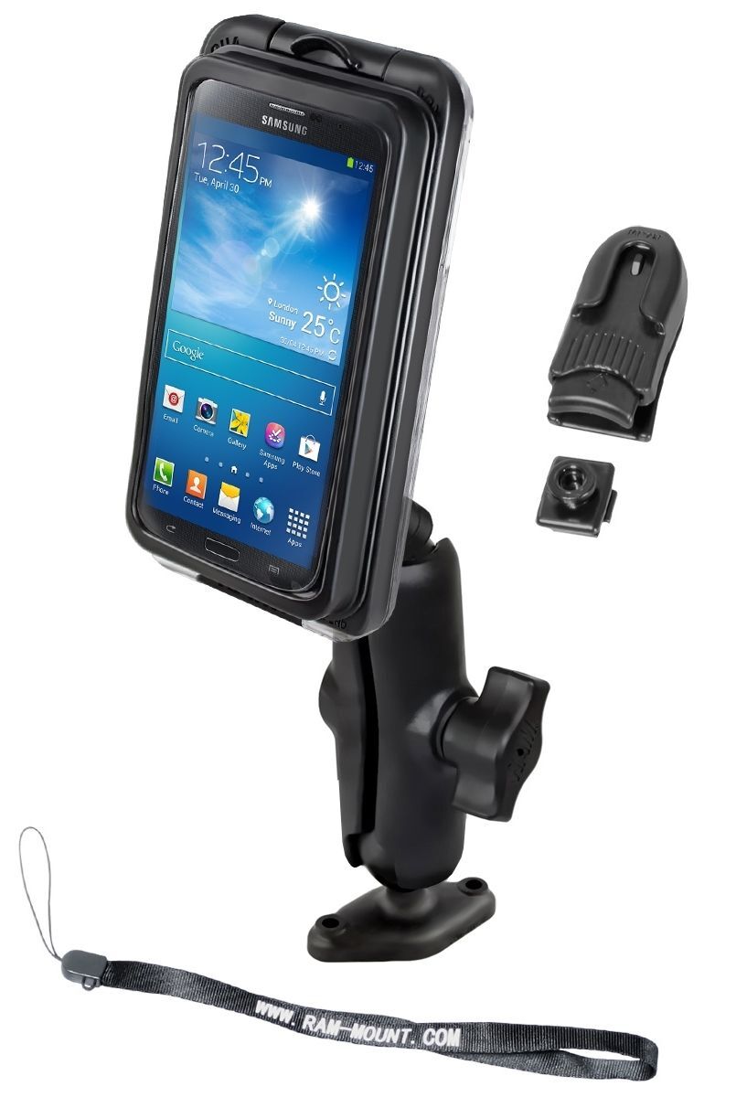 RAM Mounts Verbundstoff-Aufbauhalterung mit Aqua Box PRO 20 - Diamond Basisplatte (Trapez), mittlerer Verbindungsarm, B-Kugel (1 Zoll), Gürtel-Clip, H