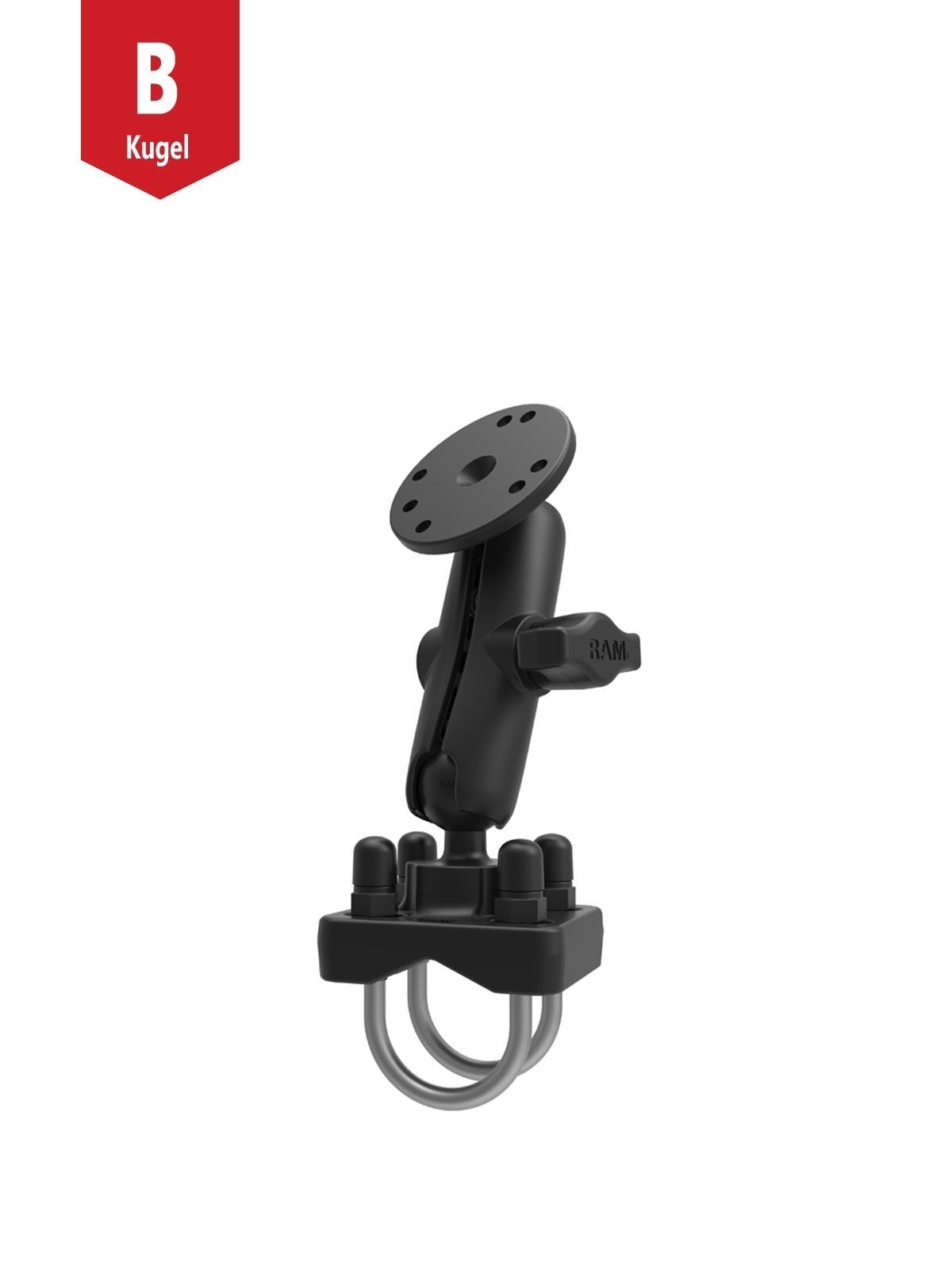 RAM Mounts Lenker- & Rundrohr-Set - B-Kugel (1 Zoll) - Doppel U-Bügel Klemmbasis (Bis 31,75 mm Durchmesser) - Mittlerer Verbindungsarm (ca. 94,74 mm) - Runde Basisplatte (AMPS)