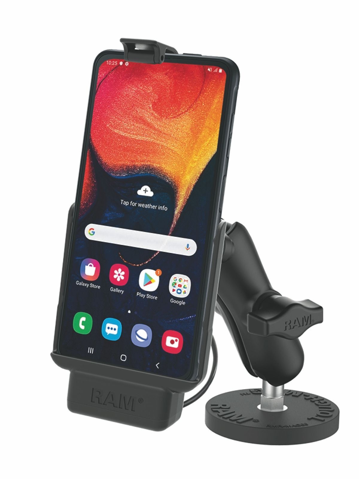 RAM Mounts Aufbau-Halterung Samsung Xcover Pro mit Tough-Mag Basisplatte - B-Kugel (1 Zoll), magnetische runde Basis, mittlerer Verbindungsarm, Stromanbindung