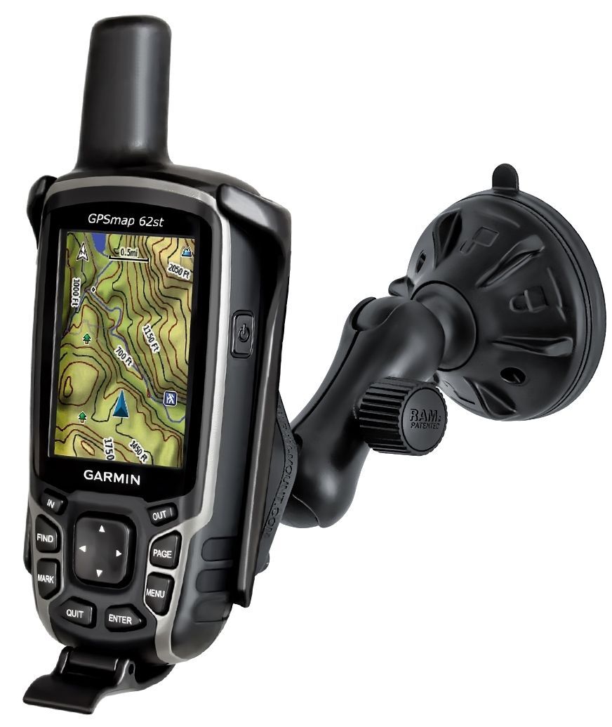 RAM Mounts Verbundstoff Saugfuss-Halterung Garmin GPSMAP 62/64 - kurzer Verbindungsarm (ca. 50 mm), Diamond-Basisplatte (Trapez), Halteschale, B-Kugel