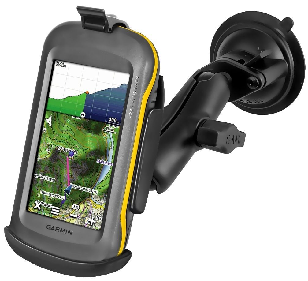 RAM Mounts Verbundstoff Saugfuss-Halterung Garmin Montana Serie - 2x Diamond-Basisplatte (Trapez), mittlerer Verbindungsarm, Halteschale, B-Kugel (1 Z