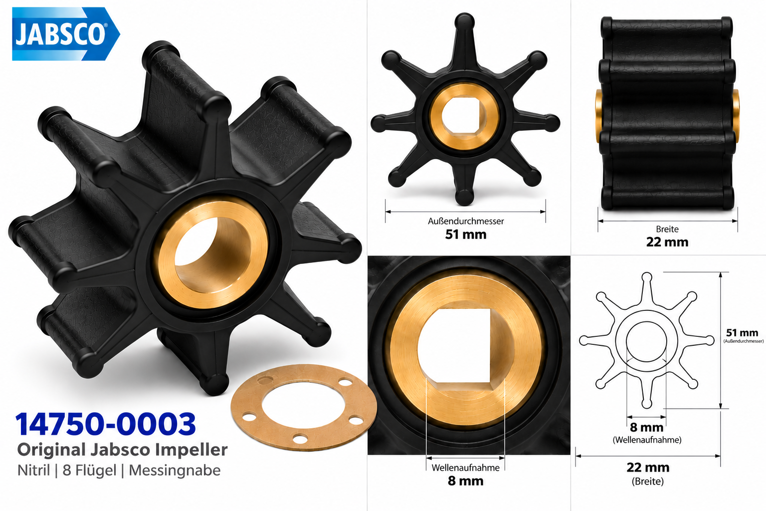 Jabsco Impeller Nitril/Ms mit 32mm und 8 Flügeln als Maßzeichnung mit Bemaßung.