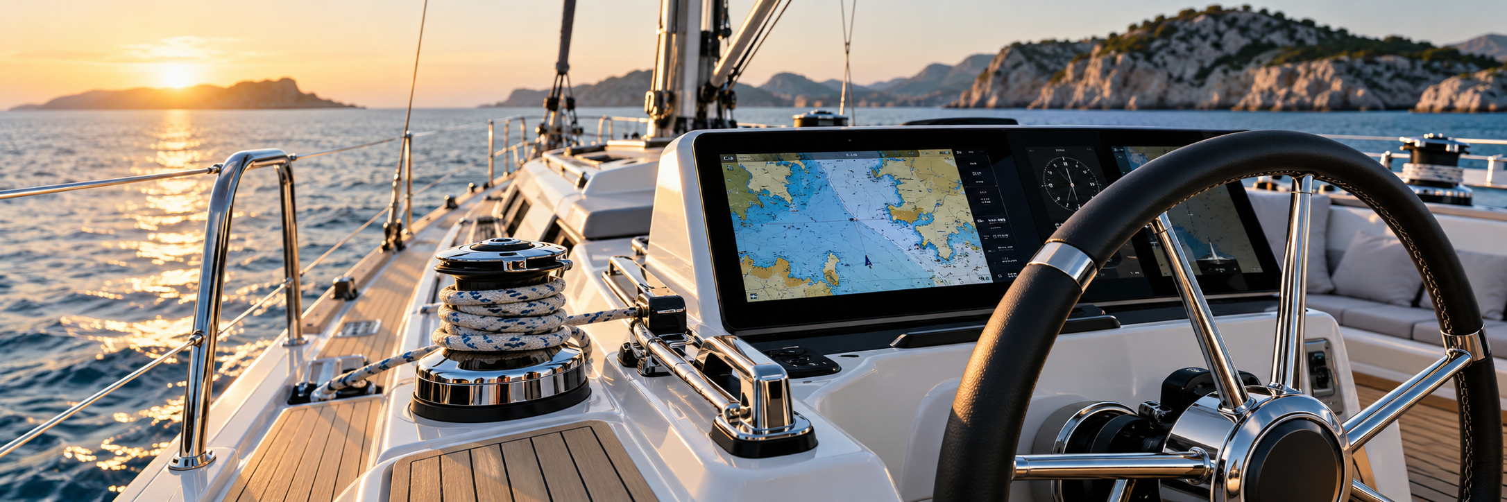 Blick auf das Cockpit einer modernen Segelyacht mit Navigation und Steuerrad bei Sonnenuntergang.