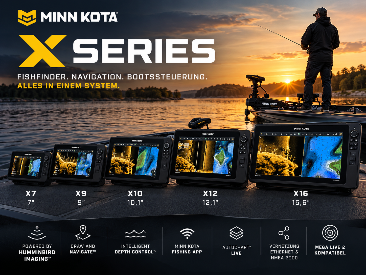 Die Minn Kota X Serie Displays in verschiedenen Grössen X7, X9, X10, X12 und X16 auf einem Angelboot bei Sonnenuntergang.