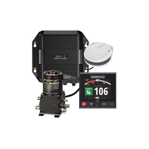Dometic SeaStar Autopilot System mit NAC-2 Steuergeraet, Pumpe und Display vor weißem Hintergrund
