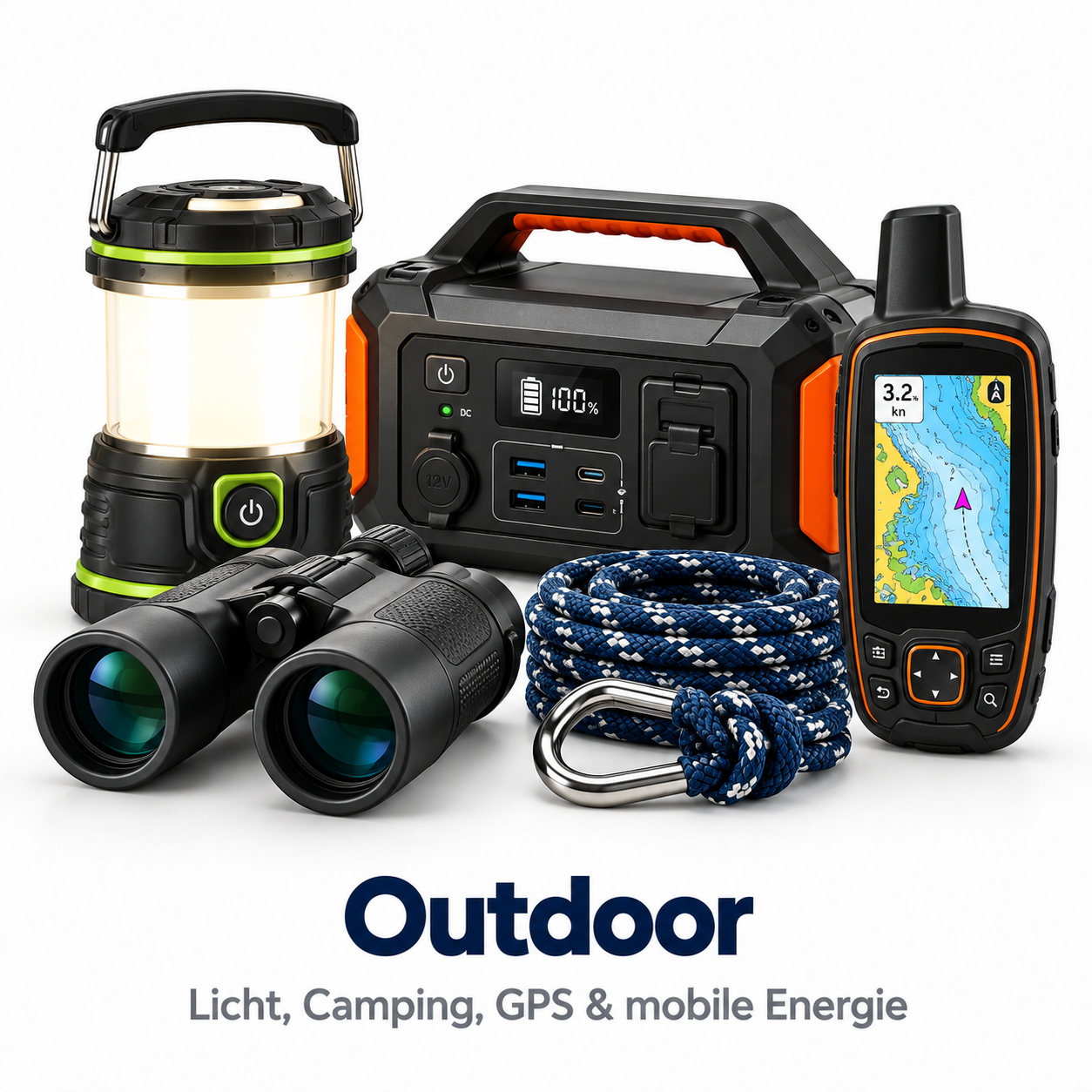 Outdoor Ausruestung mit Powerstation, Campinglampe, GPS Geraet, Fernglas und Kletterseil mit Karabiner.