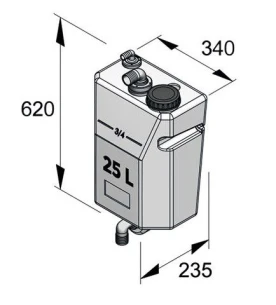 Masszeichnung des Vetus Schmutzwassertanks 25 Ltr mit Angabe der Abmessungen von 620 x 340 x 235 mm.