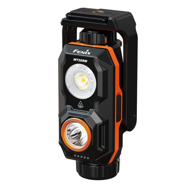 Die Fenix WT26RM Arbeitsleuchte in Schwarz und Orange zeigt zwei verschiedene LED-Lichtquellen auf der Vorderseite.