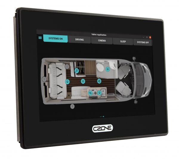 CZone Touchscreen-Display mit einer grafischen Wohnmobil-Steuerung im Grundriss