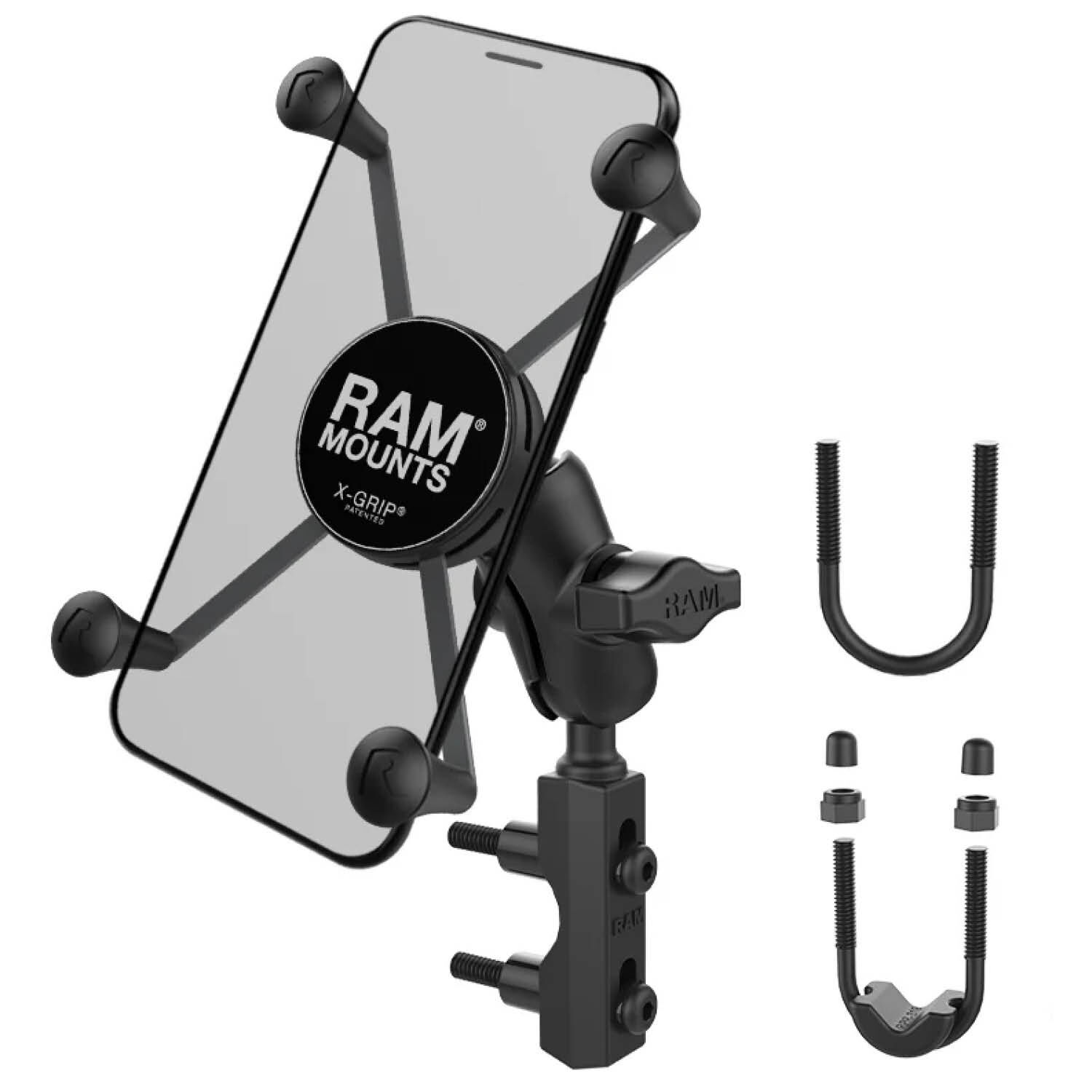 RAM Mounts X-Grip Motorrad-Halterung für Smartphones - Bis 114,3 mm Breite - Kurzer Verbindungsarm - Basisbefestigung (Lenker/Bremse/Kupplung/Rohre - 12,7 mm - 31,75 mm Durchmesser) - B-Kugel (1 Zoll) - Schrauben-Set