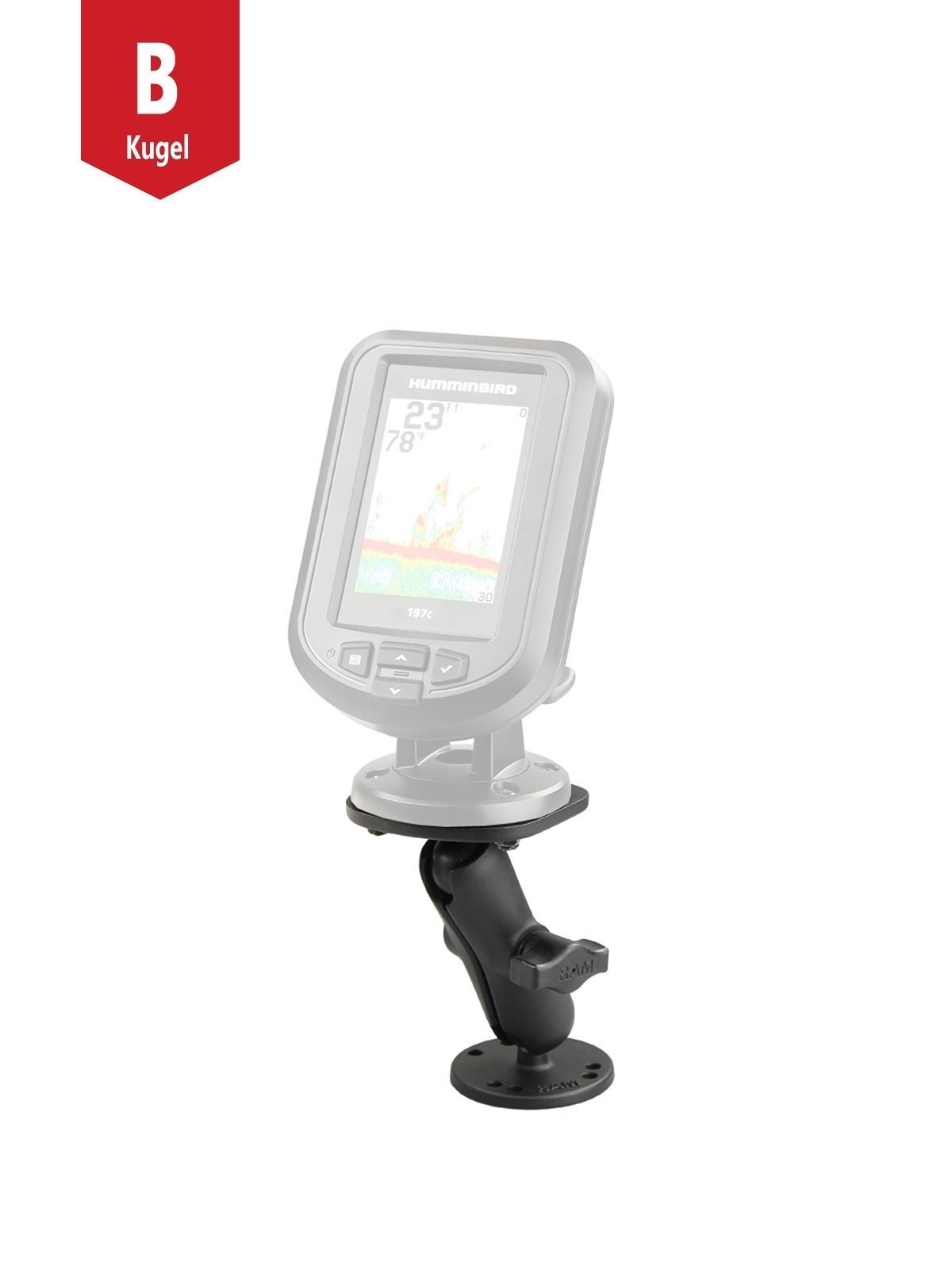 RAM Mounts Marine-Aufbauhalterung Humminbird Piranha - B-Kugel (1 Zoll), runde Basisplatte (AMPS), mittlerer Verbindungsarm, Adapterplatte
