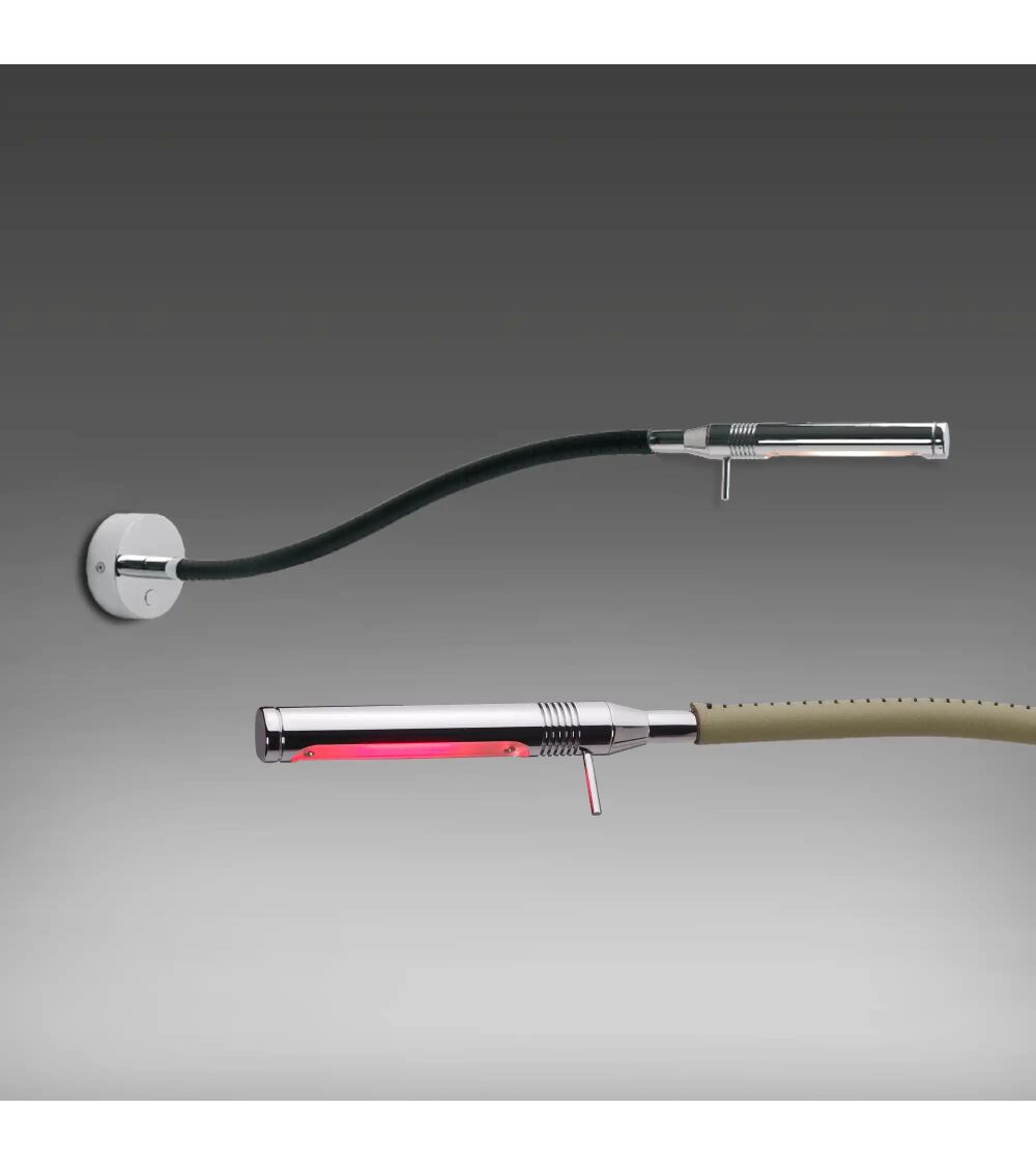 Prebit LED-Flexleuchte 07 mit schwarzem Lederschlauch, chrom-matten Elementen und integriertem Dimmer