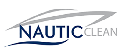Das Firmenlogo von NAUTICclean mit blauen und grauen Schriftzügen sowie grafischen Bootselementen.