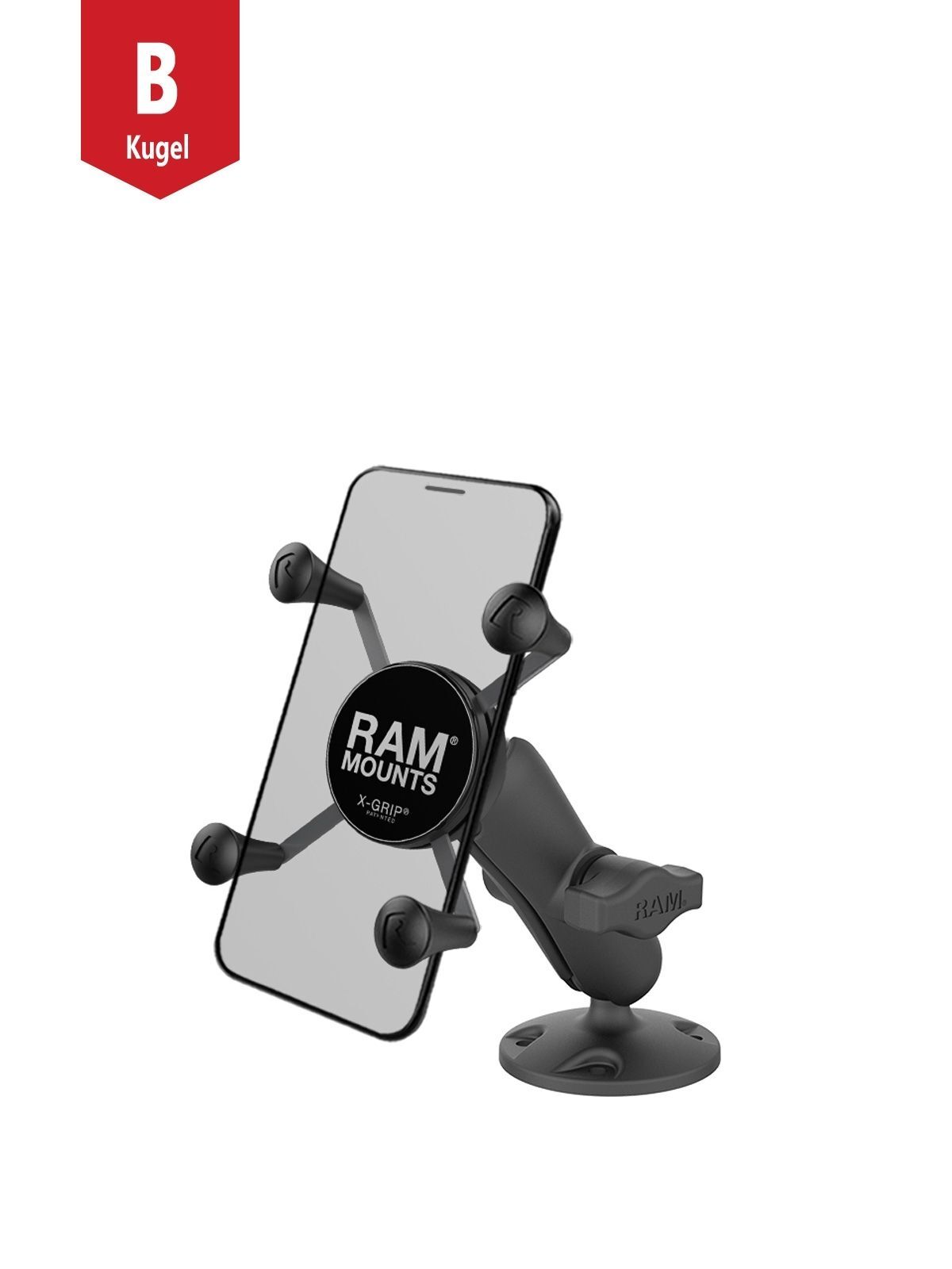 RAM Mounts X-Grip Aufbauhalterung für Smartphones (Verbundstoff) - Bis 82,55 mm Breite - Mittlerer Verbindungsarm - Runde Basisplatte (AMPS) - B-Kugel (1 Zoll) - Schrauben-Set