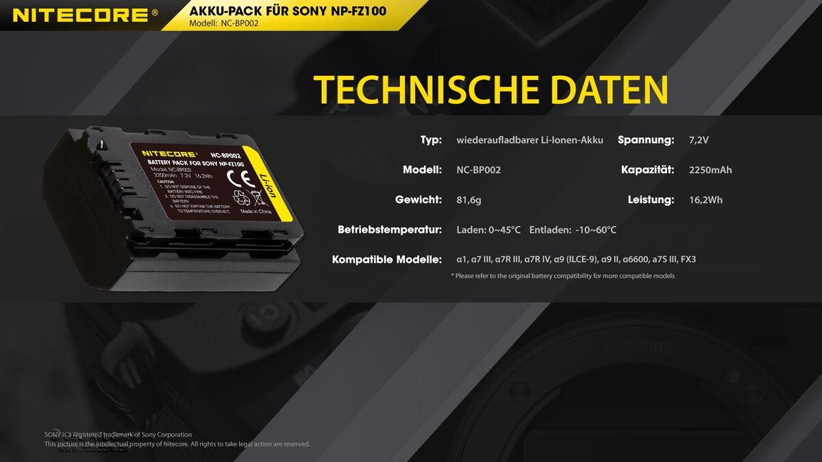 Nitecore NP-FZ100 Kamera Akku für Sony