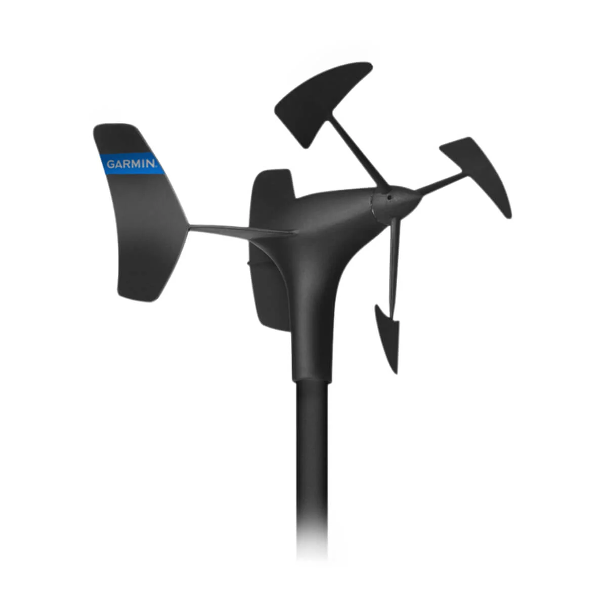 Schwarzer Garmin gWind Regatta Windsensor mit dreiflügeligem Geber und blauer Markenbeschriftung
