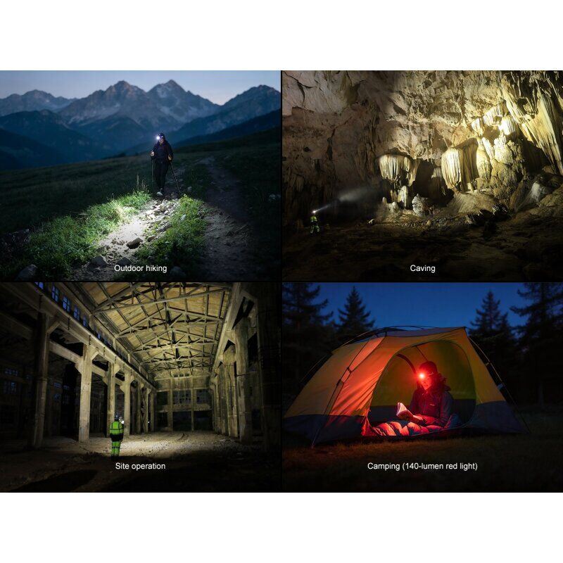 Vier Anwendungsbeispiele der Fenix HM75R Pro Stirnlampe beim Wandern, Höhlenforschen, auf Baustellen und beim Camping.