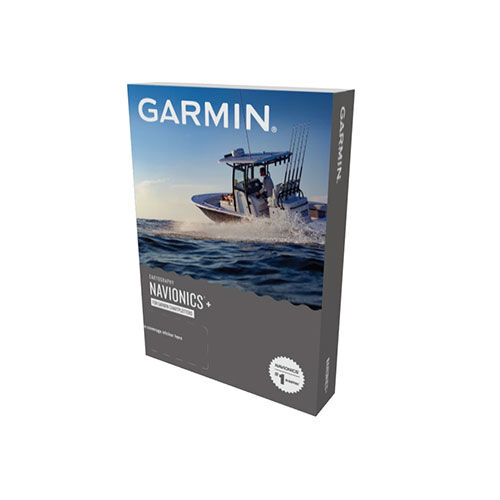 Produktverpackung der Garmin Navionics Plus Seekarten mit einem Motorboot auf dem Ozean.