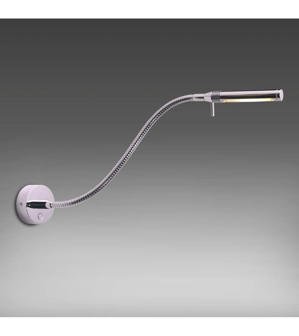 Die prebit LED-Flexleuchte 07 in Chrom mit flexiblem Schwanenhals und eingeschaltetem LED-Leuchtmittel.