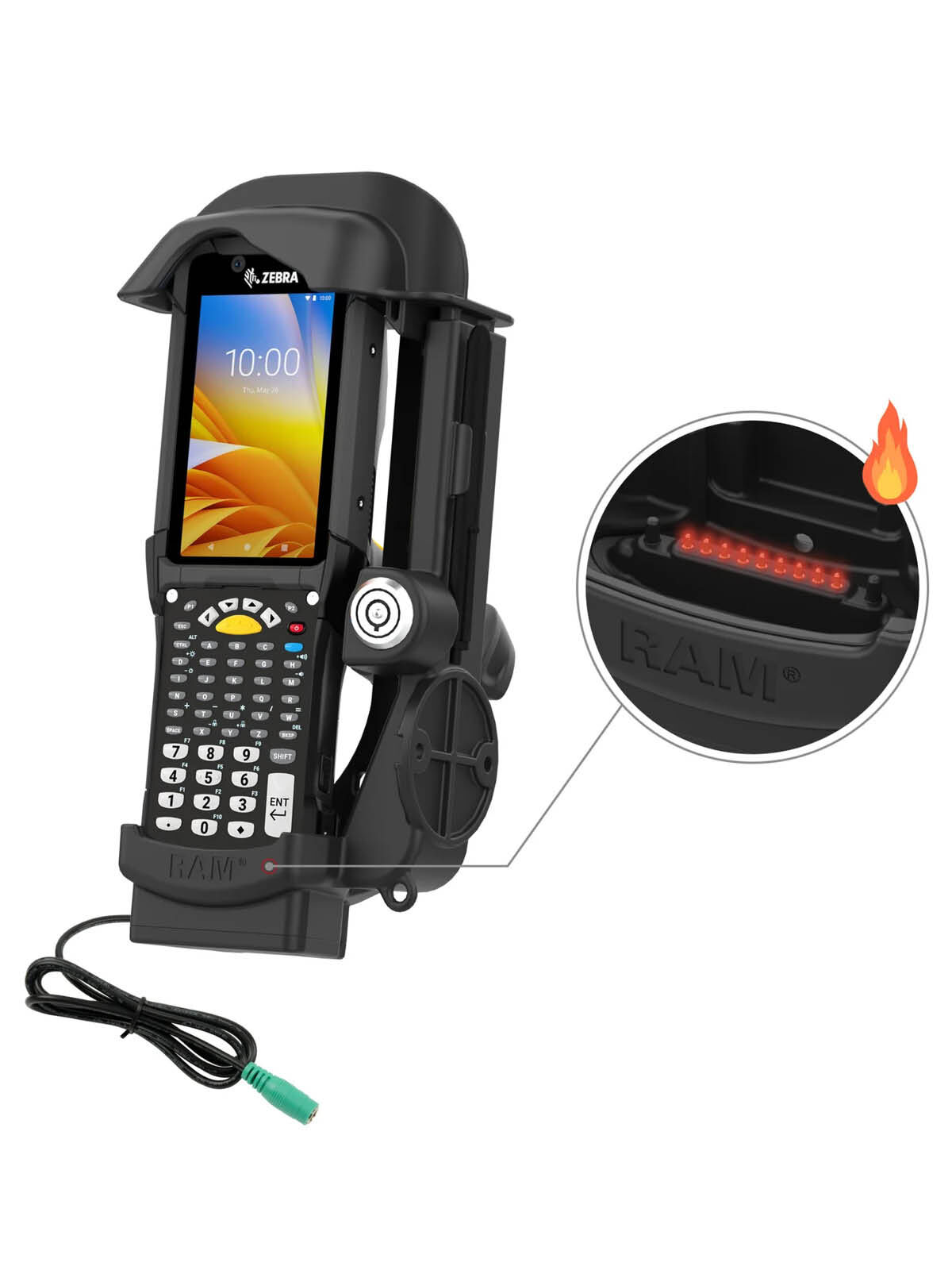 RAM Mounts Form-Fit Halteschale (Schlüsselverriegelung) für Zebra MC9300 & MC9400 - mit & ohne Rugged Boot - Beheizte Pogo-Pins - 5.5mm DC-Anschluss